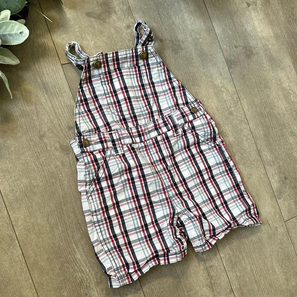 Y2K Gymboree Baby Boy Plaid Red White Blue Overalls Shortalls 6-12 M 100% Cotton